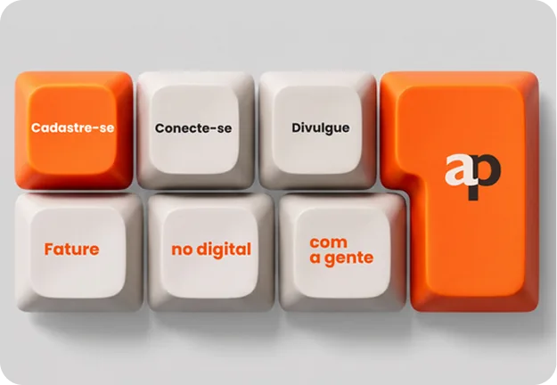 Teclado com as etapas: Cadastre-se, Conecte-se, Divulgue, Fature no digital com a gente